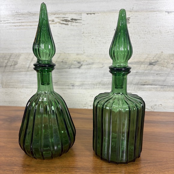 Empoli Italy Green Glass‎ Genie Bottle Decanter with Stopper vintageLot of 2